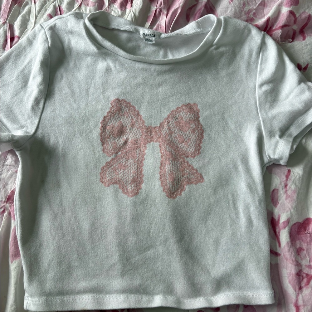 Garage White Short Sleeve Tee with Pink Lace Bow